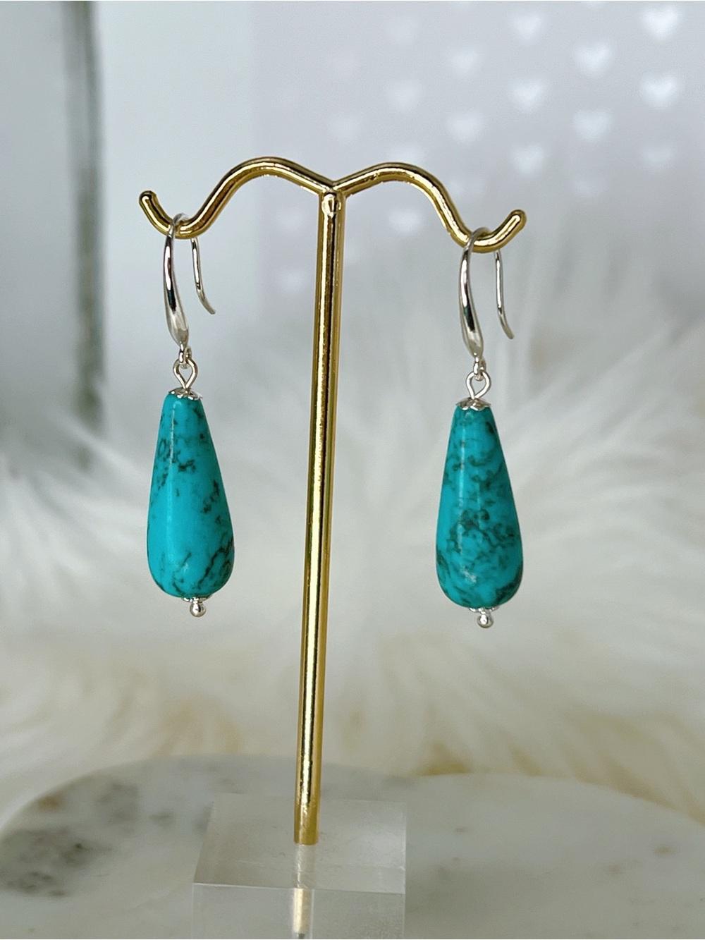 Silver hook Turquoise 1.75” earrings teardrop dangle blue
